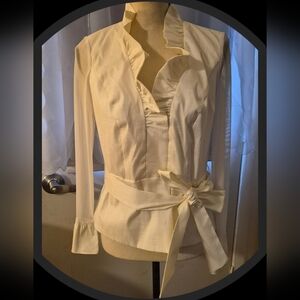 J.R. Nites Bone White Ruffled Trim Wrap Evening Blouse NWOT